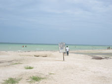 Пляж недалеко от центра Прогресо. Надпись на плакате гласит о том, что купаться запрещено, потому что здесь тянут невод и потому что глубокая вода.